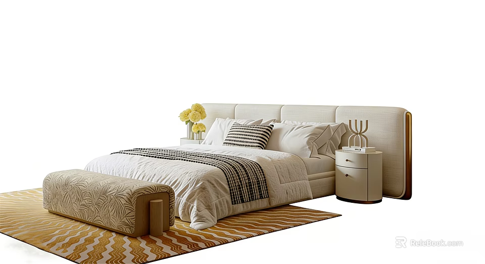 Modern Double Bed With White Headboard Pillows Nightstands Yellow Flowers And Geometric Rug 3d model 