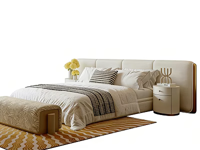 Modern Double Bed With White Headboard Pillows Nightstands Yellow Flowers And Geometric Rug 3d model