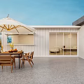 Luxury Villa Balcony Outdoor Dining Area With Umbrella And Sea View