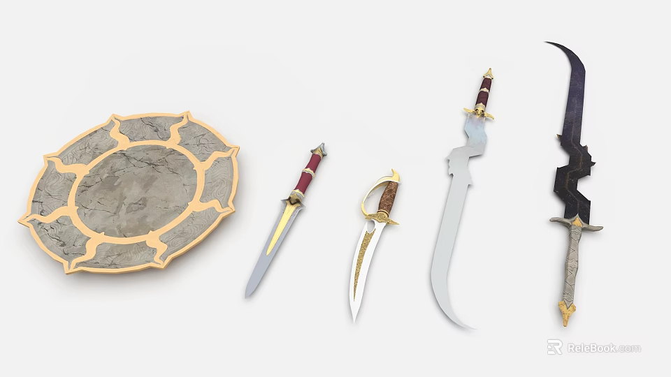 Decorative Stone Tray With Assorted Knives And Ornate Handles 3d model 