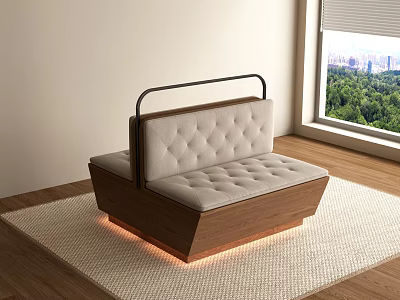 Banquette Sofa with Wooden Frame Light Tufted Upholstery on Rug Near Window Green View 3d model