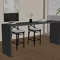 Modern Bar Counter with Two Brown Bar Stools Wall Art and Plant Near Window