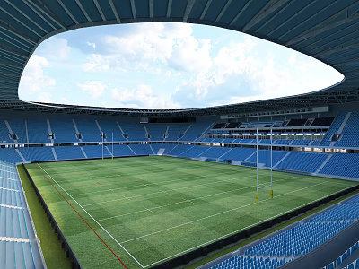 Large Modern Stadium Interior Featuring Green Grass Field And Blue Seats 3d model