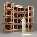 Wine Label Restoration Display With Bamboo Shelves Wine Jars And Lady Statue