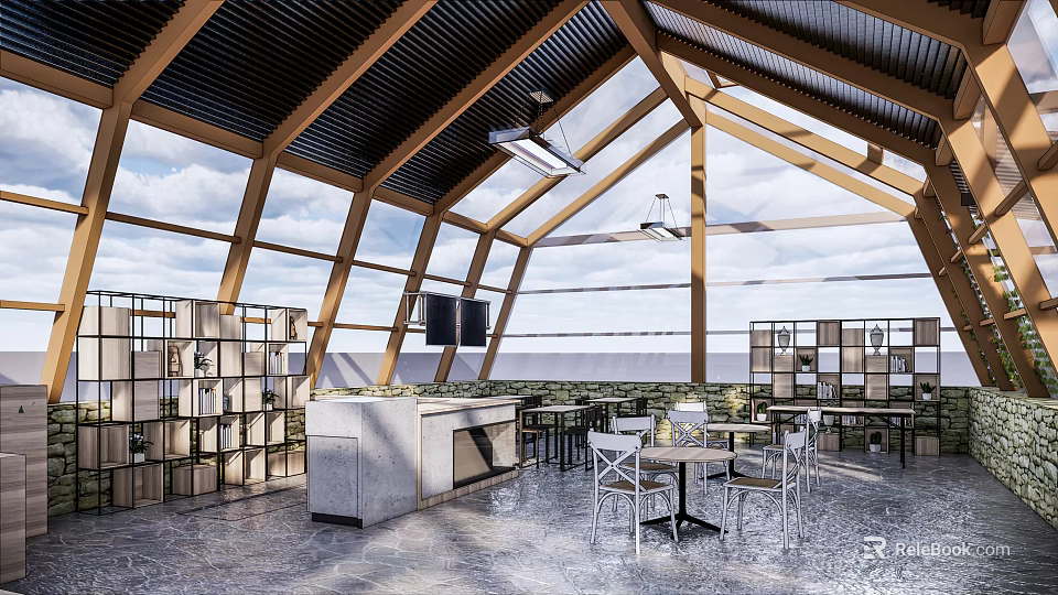 Modern Café Interior With Glass Roof Wooden Beams Open Space Tables Chairs And Bookshelves 3d model 