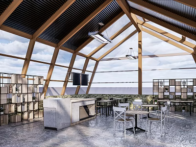 Modern Café Interior With Glass Roof Wooden Beams Open Space Tables Chairs And Bookshelves 3d model