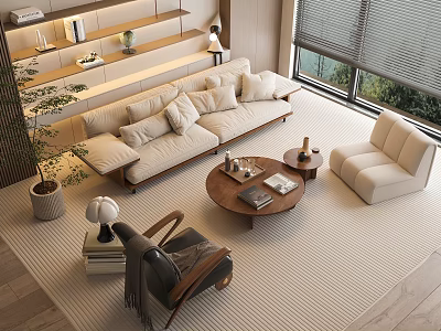 Modern Living Room Sofa Coffee Table Combination With Wooden Table Armchair Rug And Plant 3d model