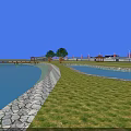 Scenic Landscape Bridge with Blue Water Stone Shore Green Grass Trees Pavilions Red White Lighthouses