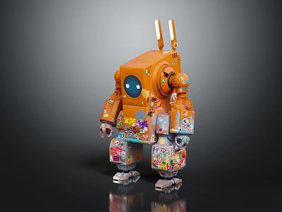 Orange Robot With Colorful Decorations And Mechanical Details In Playful Design 3d model