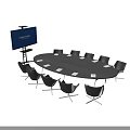 Oval Conference Table With Black Chairs And Large Screen In Meeting Room
