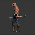 Shirtless Male Character Wearing Helmet With Tool Belt Blue Jeans Boots And Holding Wrench
