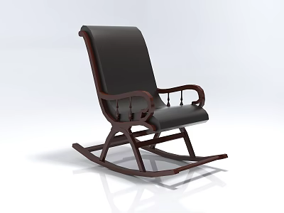 Modern Rocking Chair Design With Wooden Frame And Black Leather Seat 3d model