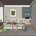 Bright Kids Room Interior With Bed Toys Bookshelf Study Desk Artwork And Striped Rug