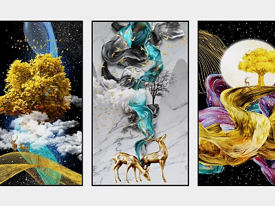 Modern Abstract Art Decor With Golden Tree Flowing Ribbons Deer And Moon 3d model