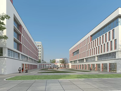 Modern Campus Square With Teaching Buildings Green Lawn And Pedestrians Walking 3d model