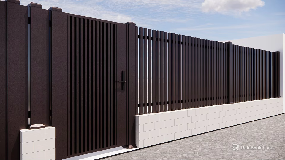 Modern Entrance Gate With Vertical Slats Design And White Brick Base Fence 3d model 