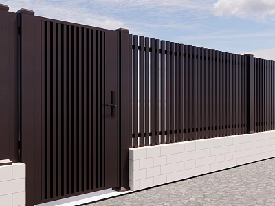 Modern Entrance Gate With Vertical Slats Design And White Brick Base Fence 3d model