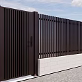 Modern Entrance Gate With Vertical Slats Design And White Brick Base Fence