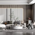 Modern Living Room Interior With Upholstered Sofa Accent Wall Spiral Floor Lamp And Geometric Rug
