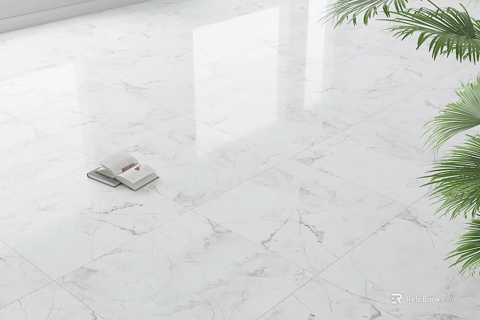 Clean White Marble Floor Tiles in Modern Room With Open Book And Green Plant Leaves 3d model 