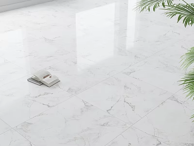Clean White Marble Floor Tiles in Modern Room With Open Book And Green Plant Leaves 3d model