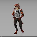Anthropomorphic Wolf Creature Character In Red Costume White T-Shirt Black Graphic Dark Pants Red Footwear