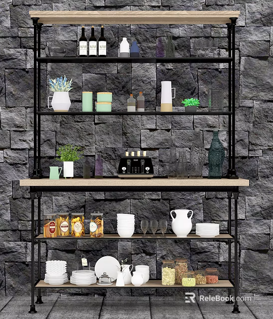 Stylish Kitchenware Display On Black Metal Shelves With Stone Wall Background And Decorative Vases Plants And Jars 3d model 