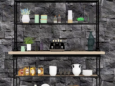 Stylish Kitchenware Display On Black Metal Shelves With Stone Wall Background And Decorative Vases Plants And Jars 3d model