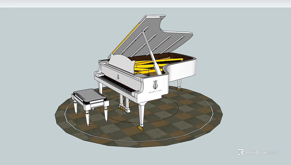 Elegant White Grand Piano And Art Supplies On Checkered Circular Rug 3d model 