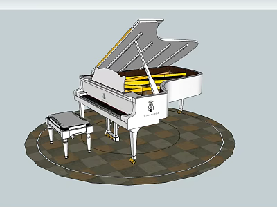 Elegant White Grand Piano And Art Supplies On Checkered Circular Rug 3d model