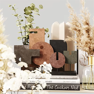 Stylish Decorative Ornament Combination With Geometric Shapes Leafy Plants Pampas Grass And Books 3d model