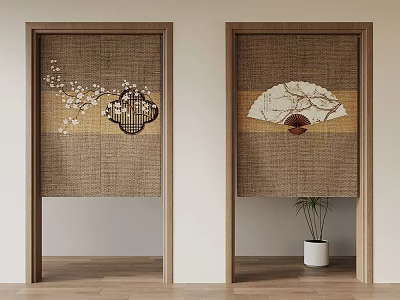 Japanese Style Woven Rattan Doors With Plum Blossom And Fan Decorative Patterns And Potted Plant 3d model
