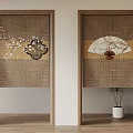 Japanese Style Woven Rattan Doors With Plum Blossom And Fan Decorative Patterns And Potted Plant