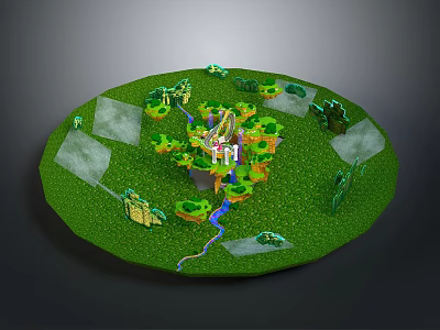 Scenic Circular Green Meadow Landscape With Blue River Trees And White Building 3d model