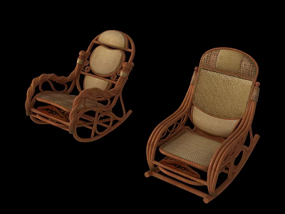 Comfortable Wooden Rocking Chair With Beige Cushioned Seat And Rattan Backrest 3d model