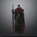 Man In Black Armor With Red Cape Holding Spear On Detailed Pedestal
