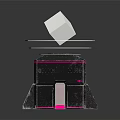 Black Cube Base With Pink Floating Cube And Glowing Pink Rings And Triangular Logo 3d model