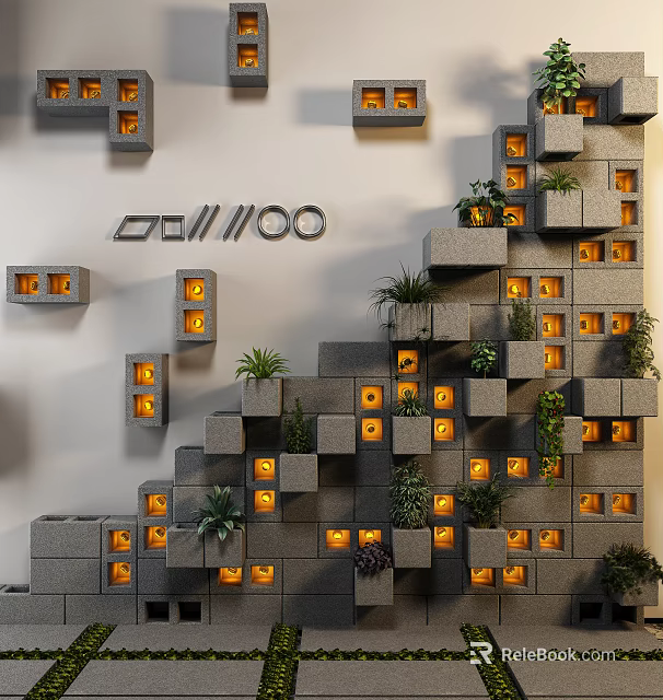 Geometric Wall Design With Gray Blocks Recessed Lights And Green Plants 3d model 