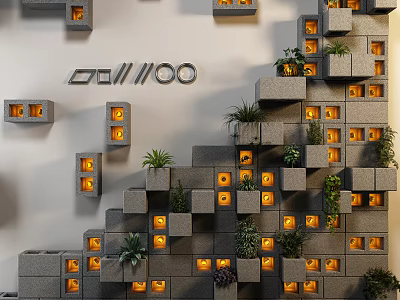 Geometric Wall Design With Gray Blocks Recessed Lights And Green Plants 3d model