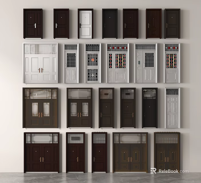 Multiple Security Door Styles In Black White Brown With Glass Inserts And Metal Frames 3d model