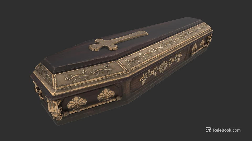 Intricate Carved Coffin Sculpture with Cross and Ornate Golden Decorations on Dark Wood 3d model 