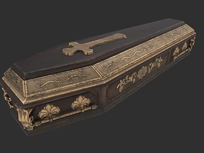 Intricate Carved Coffin Sculpture with Cross and Ornate Golden Decorations on Dark Wood 3d model