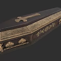 Intricate Carved Coffin Sculpture with Cross and Ornate Golden Decorations on Dark Wood