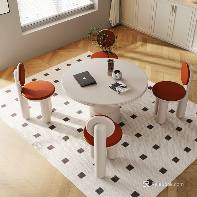 Modern Dining Room Interior With Round White Table Orange Chairs And Diamond Pattern Rug 3d model