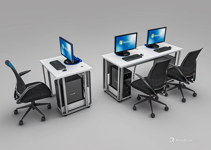 Modern Office Desk Workstation With Computer Monitor Keyboard Mouse And Black Office Chair 3d model 