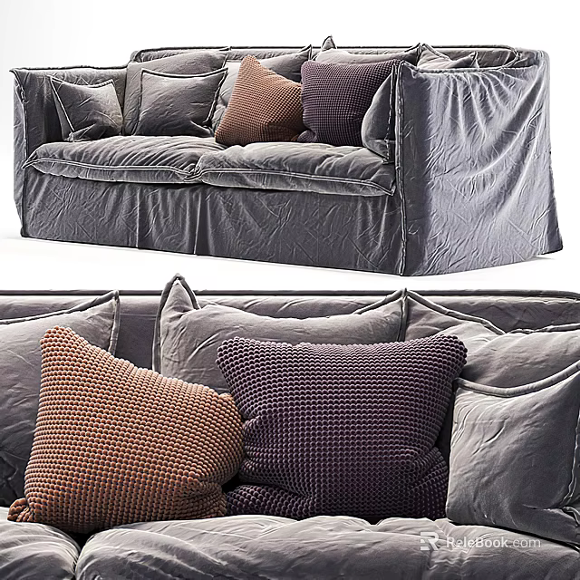 Cozy Modern Grey Fabric Two-Seater Sofa With Brown And Purple Cushions 3d model 