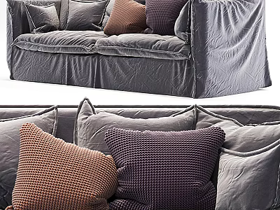 Cozy Modern Grey Fabric Two-Seater Sofa With Brown And Purple Cushions 3d model