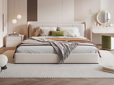 Modern Double Bed with Upholstered Headboard Plush Pillows Checkered Blanket and Light Colored Rug 3d model