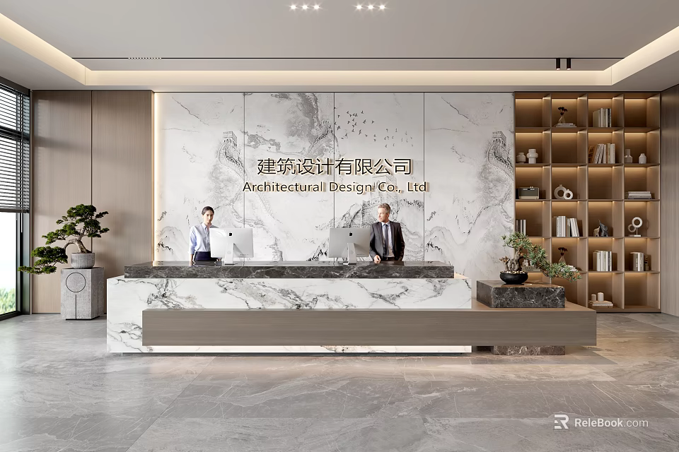 Elegant Modern Architectural Firm Reception Area With Marble Backdrop Bookshelves And Potted Plant 3d model 