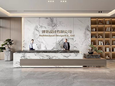 Elegant Modern Architectural Firm Reception Area With Marble Backdrop Bookshelves And Potted Plant 3d model